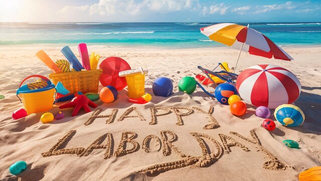 A scenic beach scene with a Happy Labor Day sign in the sand, Labor day