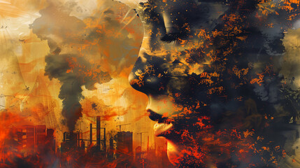 Air pollution background for a presentation or an advertisement. Abstract art for a bad atmosphere in red and dark color tone with close up of a woman face in the smoke.