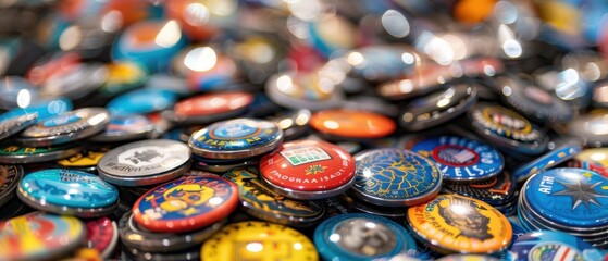 Close-up of political buttons and stickers on a table