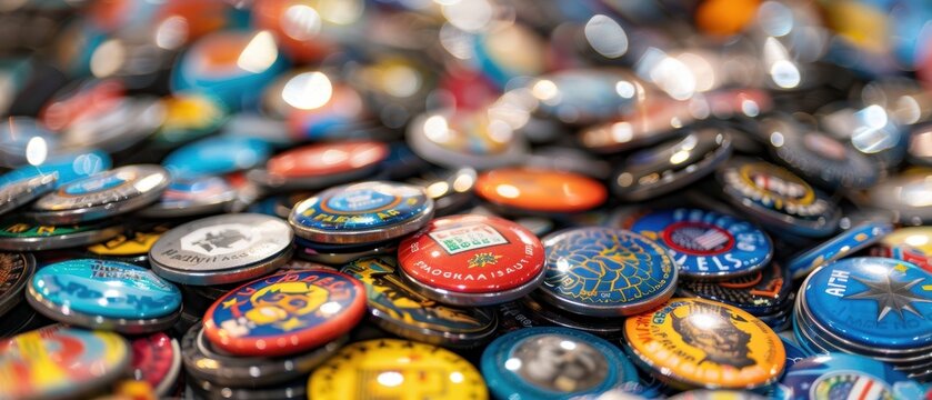 Close-up of political buttons and stickers on a table