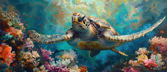 Close-up of sea turtle gliding over a coral garden