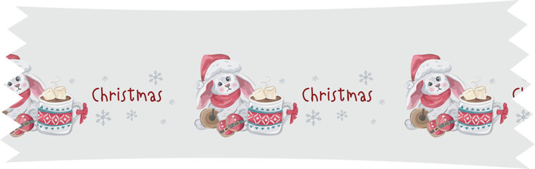 Rabbit christmas washi tape on transparent background.