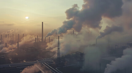 Air pollution background for a presentation or an advertisement. Factory industrial estate release toxic fumes out to cover a town.