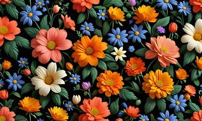 wallpaper depicting a pattern of primtenps flowers with a black background. Very decorative set in relief.
