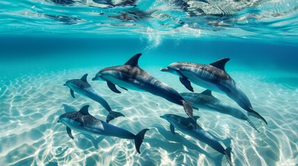 Obraz premium A pod of dolphins swimming together in crystal clear waters, their fins breaking the surface in unison.
