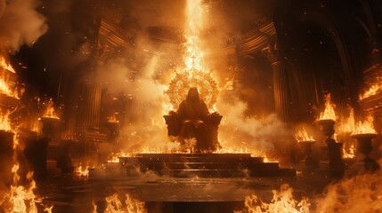 Jesus on a throne in heaven with bright light behind. 