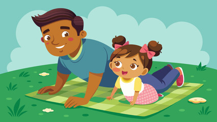little-girl-and-dad-crawling-on-a-green-blanket