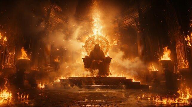 Jesus on a throne in heaven with bright light behind. 
