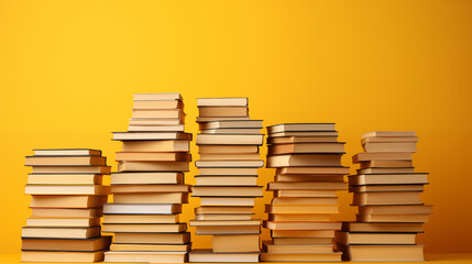 Stacks of books on a yellow background, monochrome and minimalism. Back to school, education concept