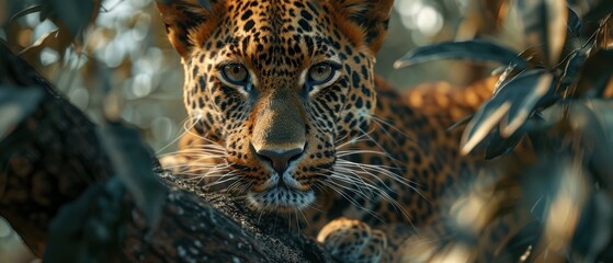 Obraz premium Closeup of a leopard in a tree,