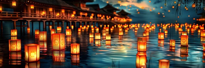 Obraz premium Captivating Obon festival scene with illuminated lanterns floating on water, traditional Japanese architecture