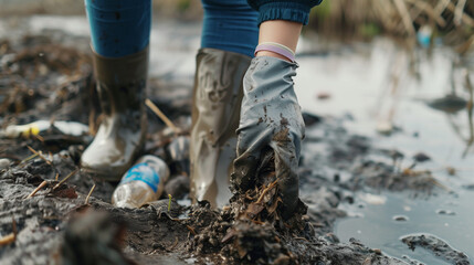 Obraz premium A dedicated volunteer collects garbage on a muddy beach, emphasizing the importance of environmental conservation and Earth Day efforts