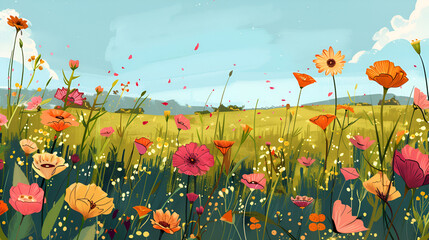 Spring Flower Meadow Illustration &ndash; Vibrant Floral Landscape