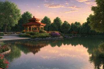 Obraz premium Romantic lakeside gazebo with colorful sunset