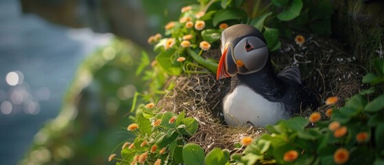 Closeup of a puffin in a cliffside nest,