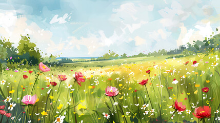Spring Flower Meadow Illustration &ndash; Vibrant Floral Landscape