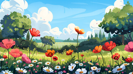 Spring Flower Meadow Illustration &ndash; Vibrant Floral Landscape