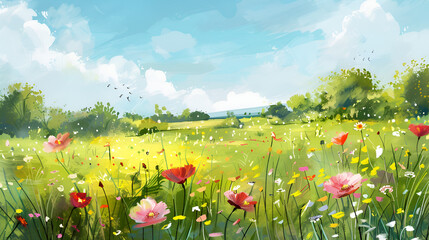 Spring Flower Meadow Illustration &ndash; Vibrant Floral Landscape