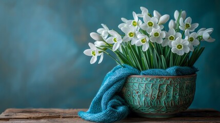 White snowdrops in a turquoise ceramic pot wrapped in blue fabric, on rustic wooden surface. Home decor and flower arrangement concept