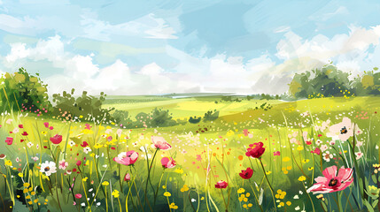 Spring Flower Meadow Illustration – Vibrant Floral Landscape
