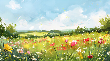 Spring Flower Meadow Illustration – Vibrant Floral Landscape