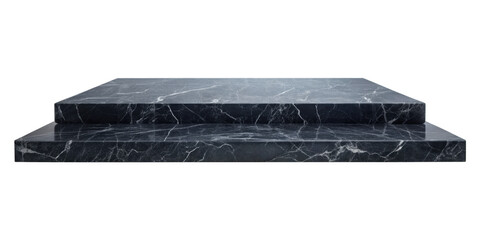 Black marble step display stand with a sleek and modern design, ideal for presenting high-end products. Isolated on transparent background, png.