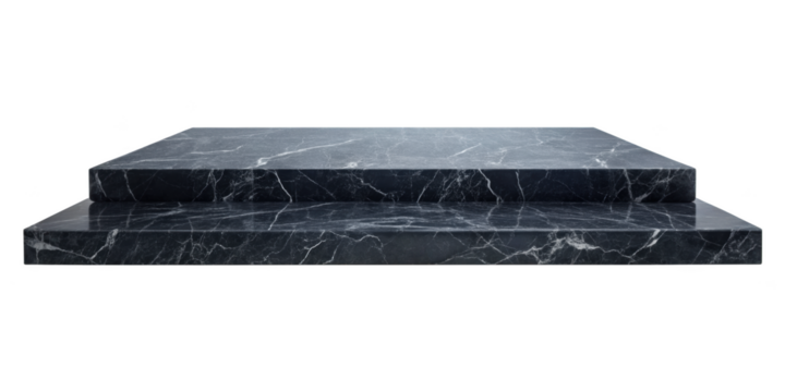 Black marble step display stand with a sleek and modern design, ideal for presenting high-end products. Isolated on transparent background, png.