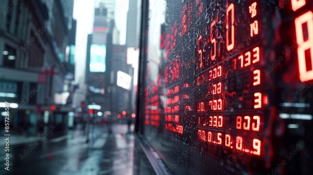 Poster a stock market ticker board displaying scrolling stock prices and market indices in a busy financial