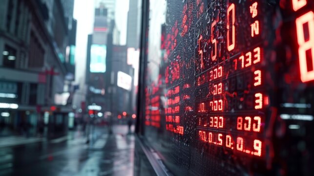 A stock market ticker board displaying scrolling stock prices and market indices in a busy financial district.