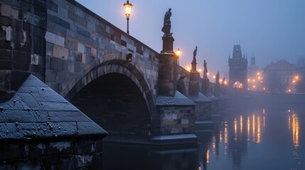 Naklejka premium Beautiful historical buildings in winter with snow and fog in Prague city in Czech Republic in Europe.