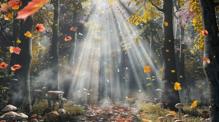 Fall Fairytale Forest: A magical forest scene with tall trees adorned with colorful fall leaves, mushrooms dotting the forest floor, and rays of sunlight filtering through the canopy. 