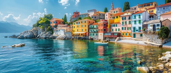 Coastal village with colorful houses and a calm harbor