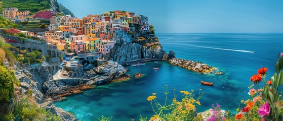 Coastal village with colorful houses and a calm harbor