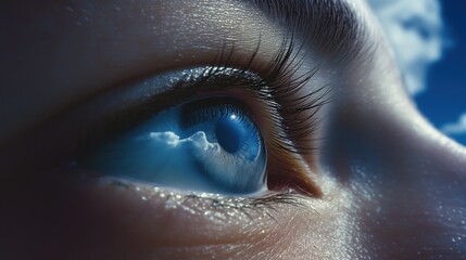 A close-up image of a womans blue eye looking upwards at the clouds