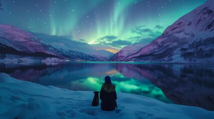 A person and a dog in snow field with beautiful aurora northern lights in night sky in winter.