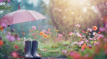 Rainy Day Romance: A cozy scene of a rainy day with raindrops falling on blooming flowers, with an umbrella and rain boots nearby, and a soft pastel sky in the background. 