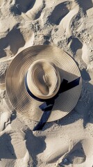 Straw hat with black ribbon on sandy beach, summer vacation concept