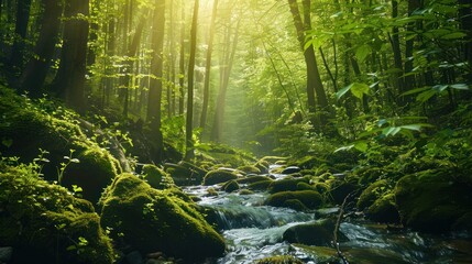 Fototapeta premium Spring Awakening: A serene forest scene with trees budding fresh green leaves, a gentle stream flowing through moss-covered rocks, and sunlight filtering through the canopy.