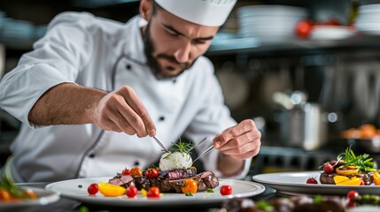 A chef in a professional kitchen, delicately plating a gourmet dish with tweezers, showcasing the precise procedure involved in fine dining culinary art.