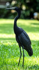 Fototapeta premium Black heron standing on green grass in a sunny park