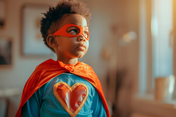Portrait of an African-American little boy dressed as a superhero looking up to an open window. Generative Ai.	
