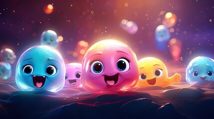 Obraz premium Whimsical Cartoon Creatures Enjoying a Magical Night