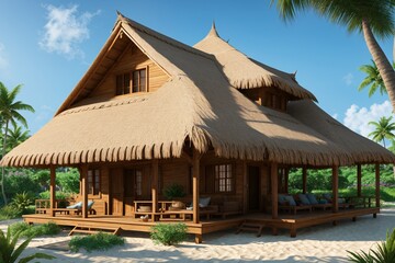 Fototapeta premium Cozy beach bungalow with thatched roof