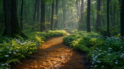 Obraz premium In the heart of a lush forest, sunlight filters through the dense canopy, casting dappled shadows on the forest floor.