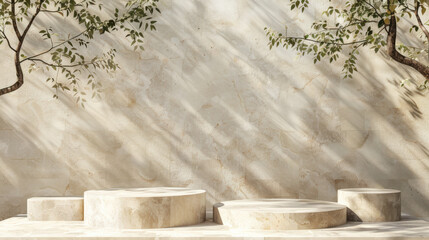 beige marble platforms with shadow from tree foliage on the wall. Background for presentation. 