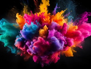 Stunning Explosion of Brightly Colored Powder Particles on a Black Surface. Generative AI