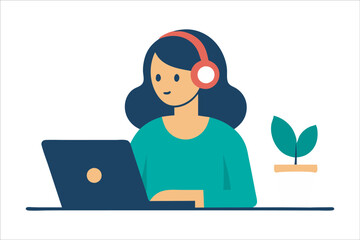 a women with laptop working with headphones, vector, modern illustration