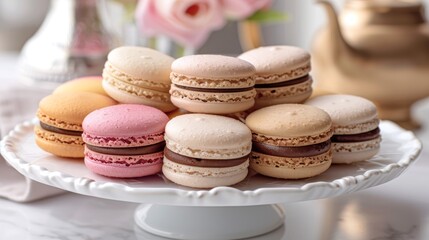 Fototapeta premium A selection of delicate French macarons in pastel colors, arranged neatly on a white porcelain plate, showcasing their smooth texture and exquisite flavors.