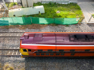 Top view of the diesel electric locomotive of a freight train.