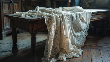 A vintage lace tablecloth draped over a wooden table, with its intricate patterns and fine details creating an elegant, timeless look.